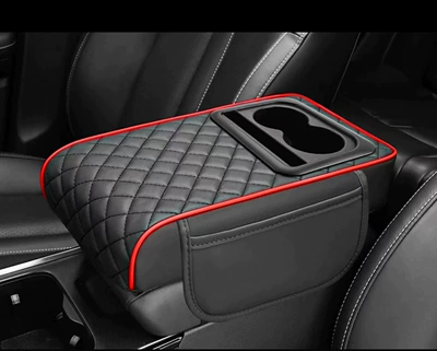 Armrest box pad: cushion with cup holder comfortable - two-ears-black-red-strip