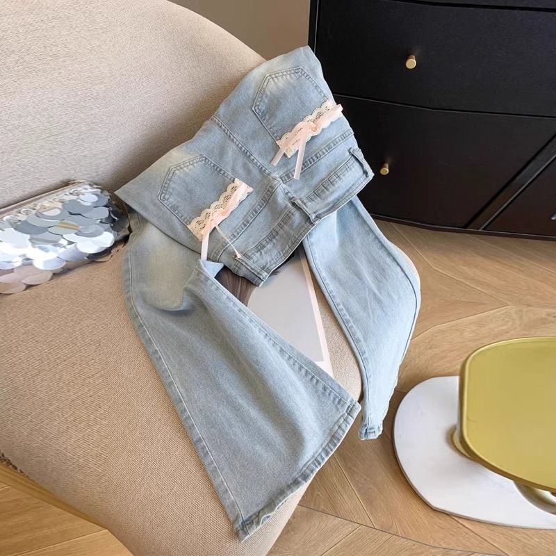 Korean-style Bow Micro-lar Jeans Women's 2024 Spring and Autumn Design Chic High Waist Small Slim Long Pants