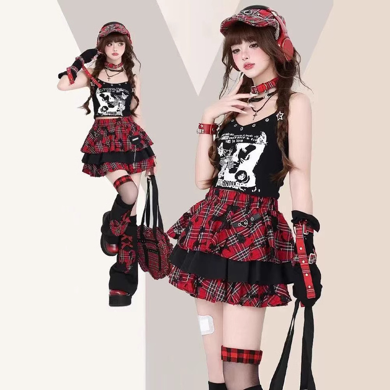 Punk Rock Hot Girl Subculture Red Plaid Skirt Heavy Industry Pure Desire Millennium Hot Girl Half Cake Skirt for Women