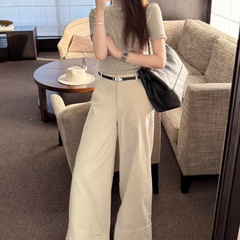 2025早秋新款韩版高腰宽松显瘦卷边阔腿直筒裤女百搭休闲长裤