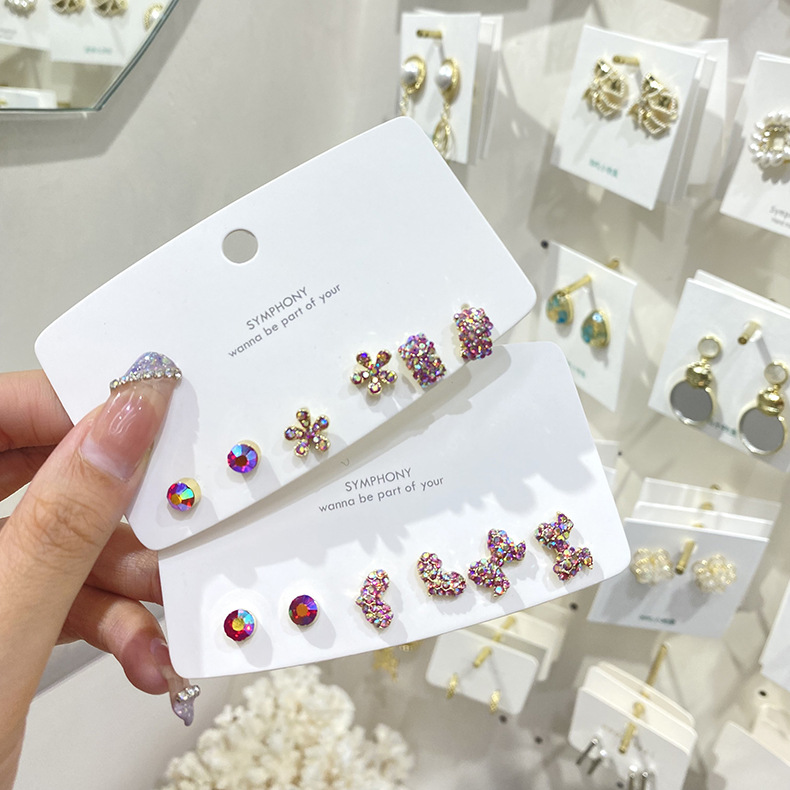 Korean Fashion Colorful Inlaid Rhinestone Bow Heart Flower Earrings 6-piece Set Wholesale Nihaojewelry display picture 12