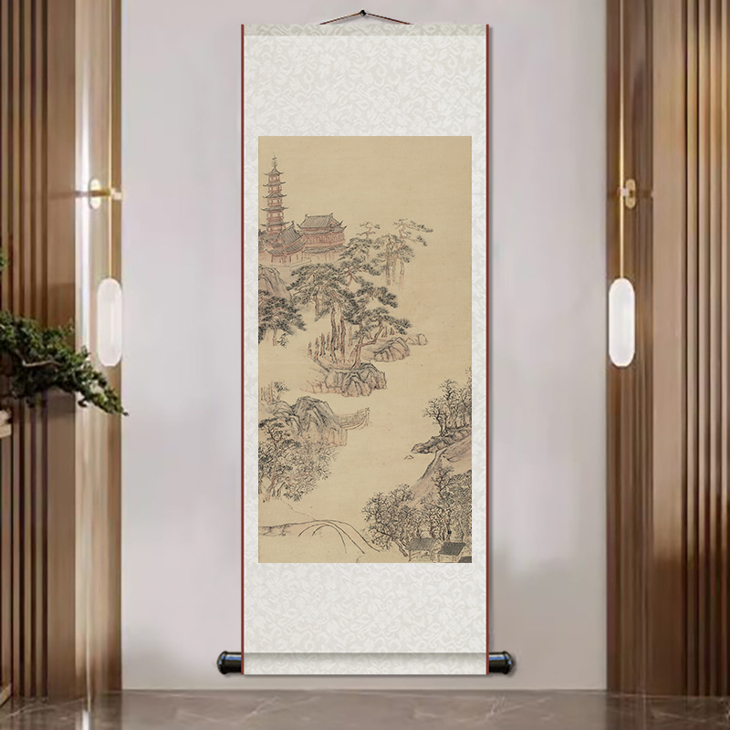 陆治虎丘塔影图邹一桂翠柏双喜图新中式伺候卷轴挂画书房玄关