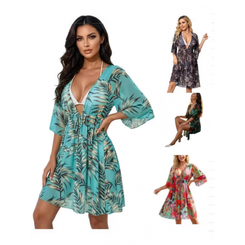 2026 New Cross-Border Women's Beach Vacation Swimwear Mesh Lace Foreign Trade European and American Sexy V-Neck Printed Cover-Up