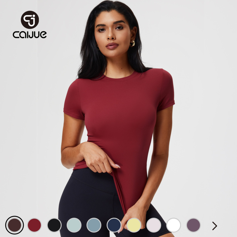 Caijue Women's Regular Shoulder Summer Short Sleeve T-Shirt, High Elastic Slim Fit Fitness Wear, Sports Bare-Feel Yoga Top