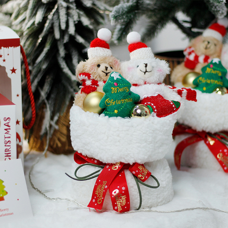 Navidad oso pequeño ramo de flores muñeca mano flores regalo de cumpleaños creativo para la novia flores de Navidad flores de inmortalidad