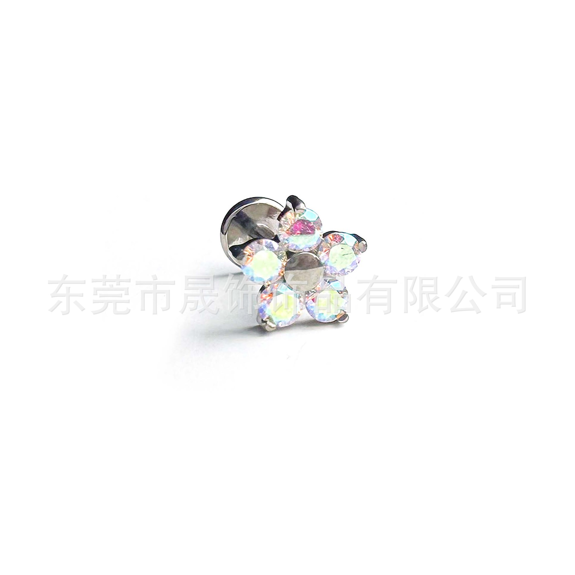 F136钛合金仙女风花朵白粉蓝锆耳钉内螺纹五瓣花锆耳骨钉唇钉耳饰