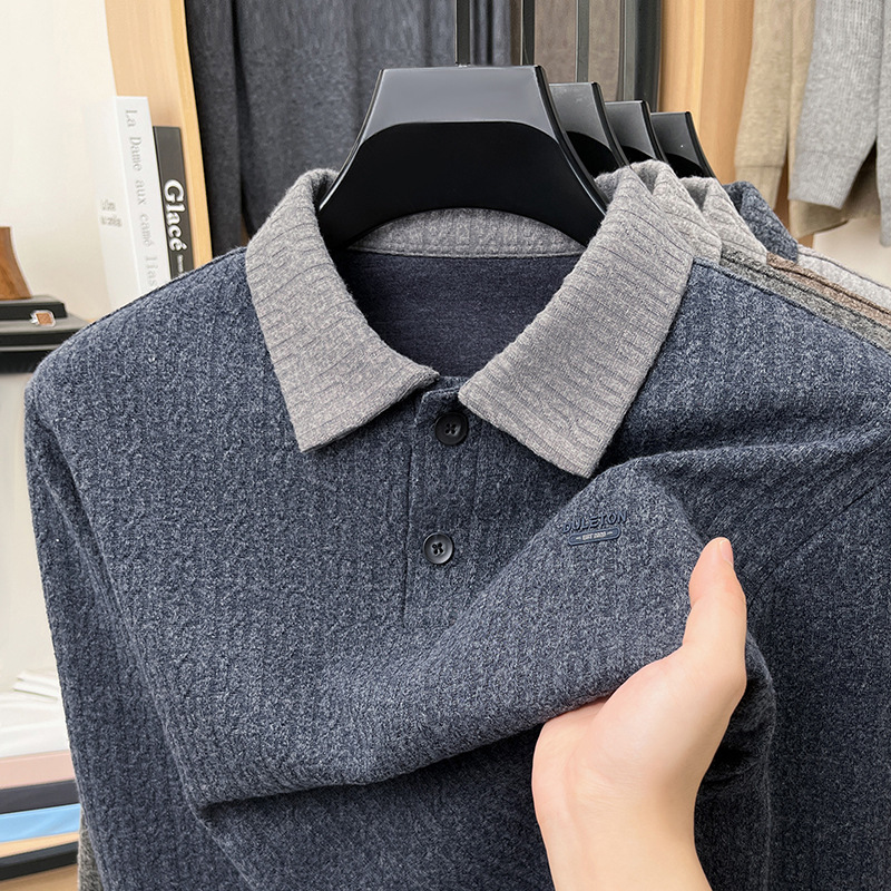 Wool-blend autumn and winter popular high-quality collared casual long-sleeve polo shirt sweatshirt for men, solid color base shirt top