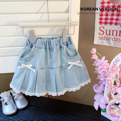 Women's Summer Denim Short Skirt for Girls, Baby Girl Korean Style New Fashion Cute Bowknot Lace Edge Pleated Skirt Trendy