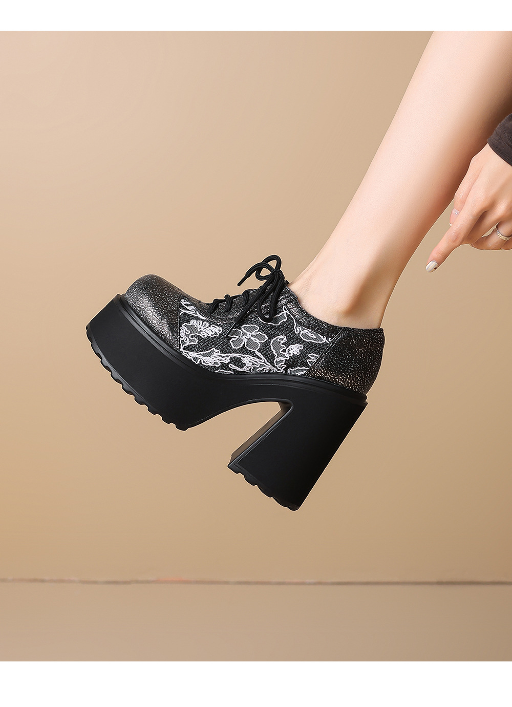 Giày cao gót nữ da thật phối lưới thêu hoa, gót 12 cm, đế xuồng, mũi tròn buộc dây — màu đen chi tiết 6