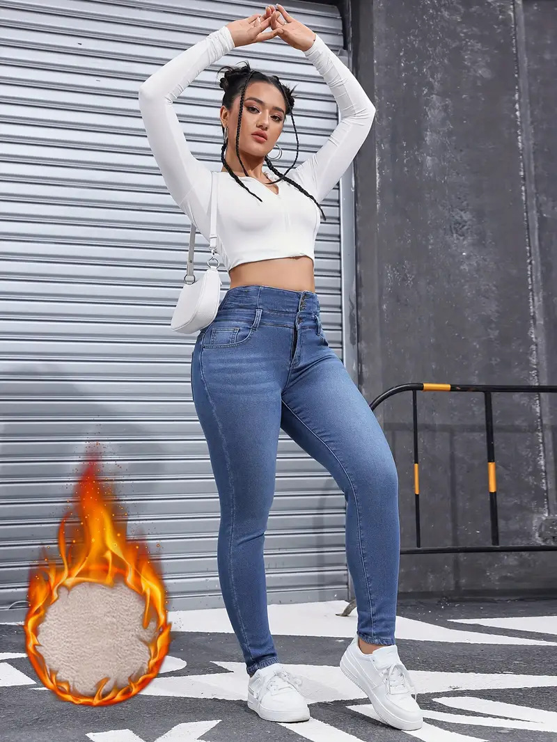 Fashion Versatile Women's Skinny Jeans Fleece Lined Elastic Waist Multi Button Solid Color Autumn Winter New Style_ecoleips.com