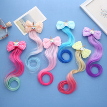 跨境儿童可爱彩色假发发饰独角兽蝴蝶结带假发发夹小女孩派对头饰