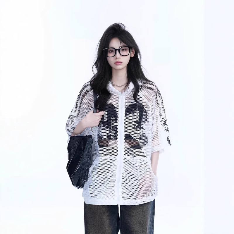 Chinese Style Hip-Hop American Hollow Mesh Blouse Women's Hooded Short-Sleeved Loose Casual Digital Printed Trendy T-Shirt Top