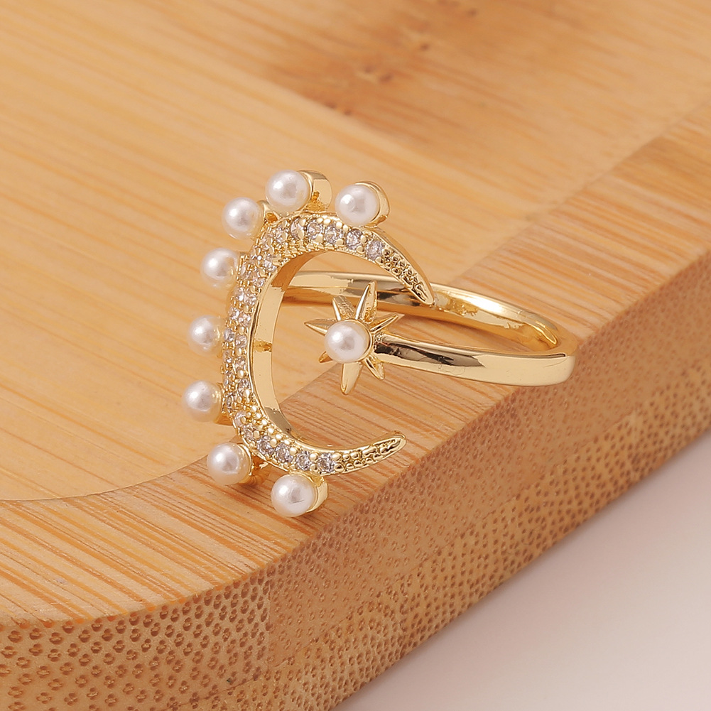 womenu0027s copper ring geometric moon star cute pearl tail ring
