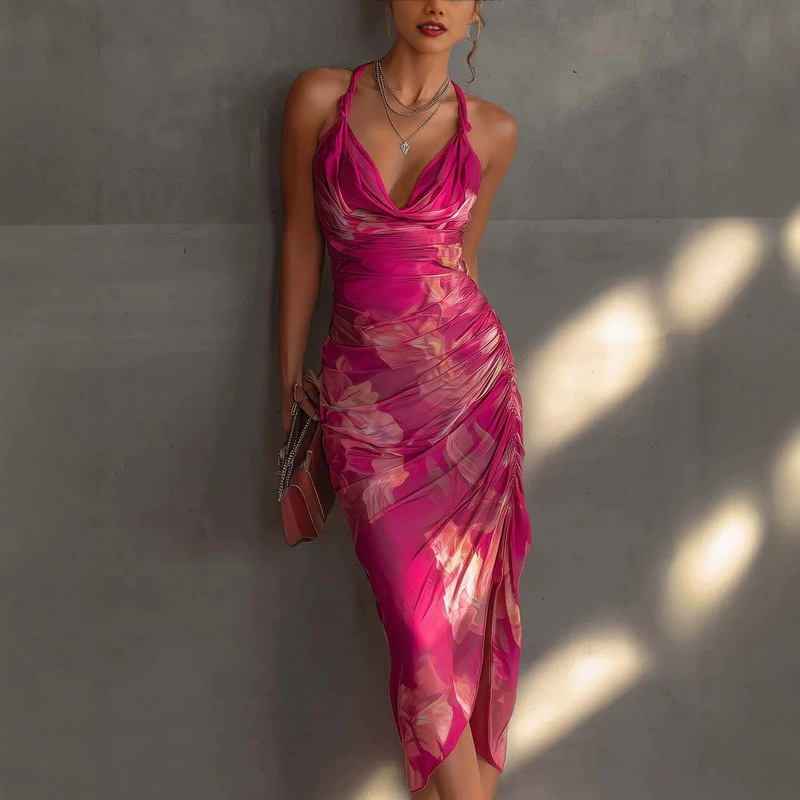 2026 European and American Style Independent Brand Spaghetti Strap Backless Printed Dress, Slim Fit, High Slit, Fashionable Long Dress 2026 European and American Style Independent Brand Spaghetti Strap Backless Printed Dress, Slim Fit, High Slit, Fashionable Long Dress