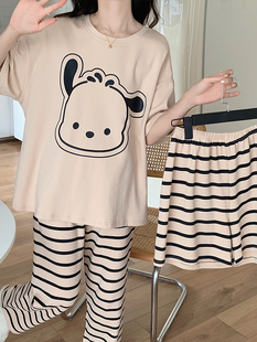 Pajamas for Girls Summer Three-Piece Suit Spring and Autumn Thin Summer Large Size Soft Striped Internet Celebrity Style Cartoon Home Wholesale