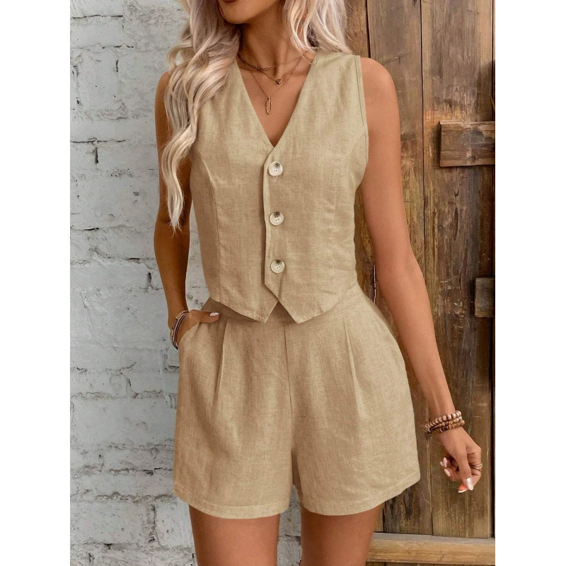 Новый европейский и американский льняной летний повседневный рабочий костюм: жилет с пуговицами спереди и шорты, жилет с V-образным вырезом, осенняя одежда
