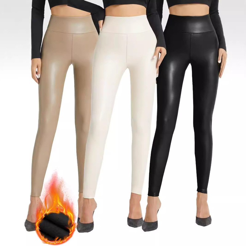 Cross-Border Temu Popular Pu Pants High-Waisted Slimming Look Tight-Fitting Autumn and Winter Outer Wear Fleece-Lined Thickeneded Leggings Four-Sided Elastic Leather Pants