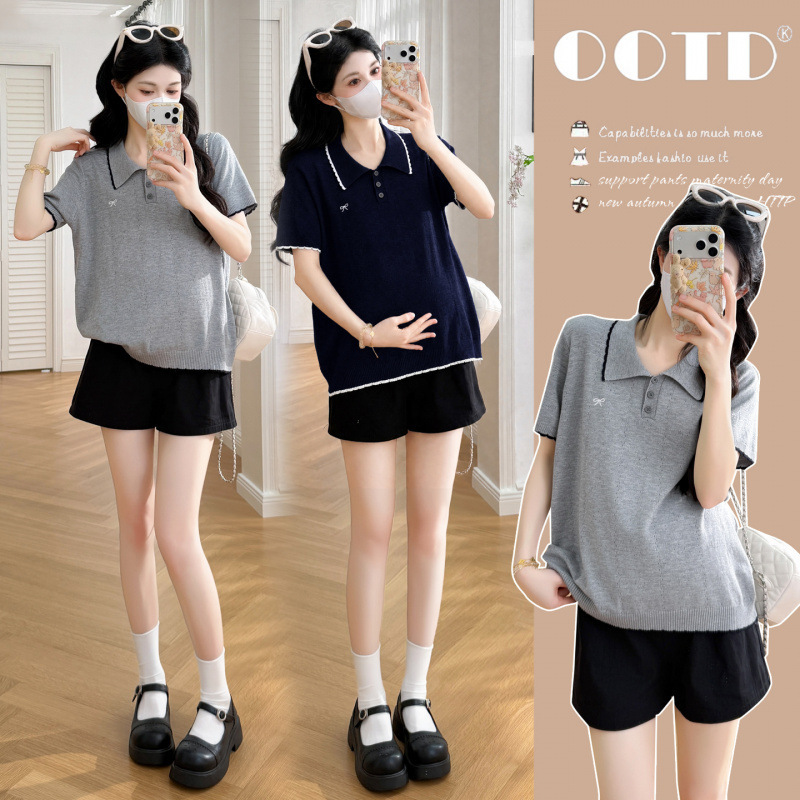 Maternity Summer Outfit for Petite Women, Loose Fit, Color-Blocking Design, Stylish Collared Knit Top, Short-Sleeve, Slimming, Versatile Top, Two-Piece Set Maternity Summer Outfit for Petite Women, Loose Fit, Color-Blocking Design, Stylish Collared Knit Top, Short-Sleeve, Slimming, Versatile Top, Two-Piece Set