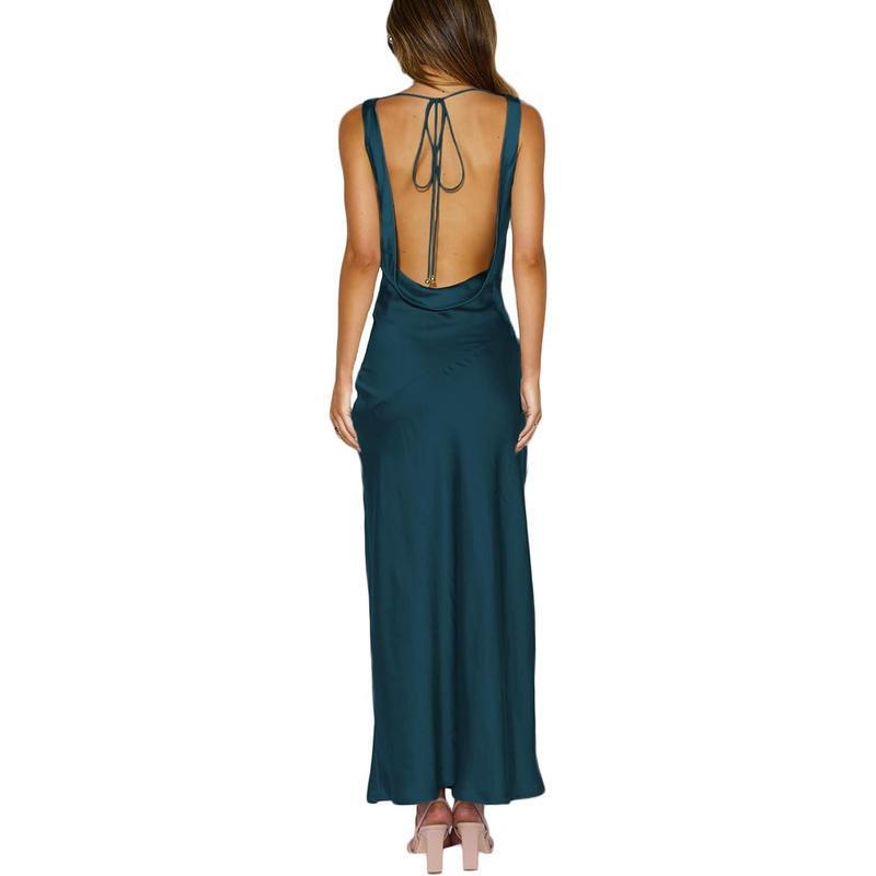 D 36737 Satin Slip Party Dress Glossy Draped Neckline Dress