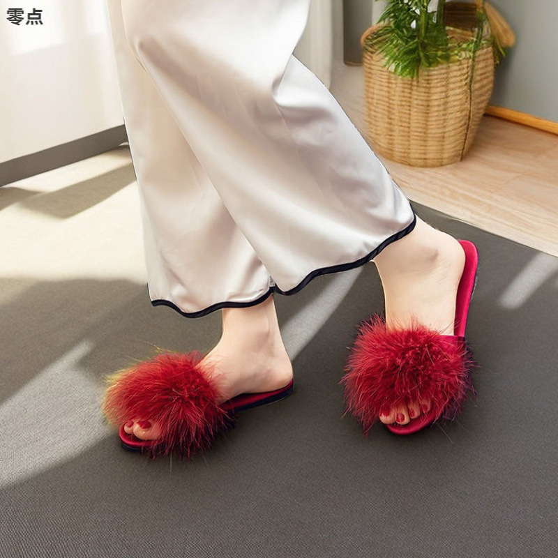 Morning Robe Slippers for Female Brides Spring and Summer 2025 New Wedding Bridesmaid Red Furry Wedding Shoes for Women Wedding Matchinging Slippers