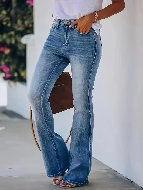 女士牛仔裤弹力简约设计感喇叭长裤时尚百搭修身阔腿浅蓝色裤子|undefined