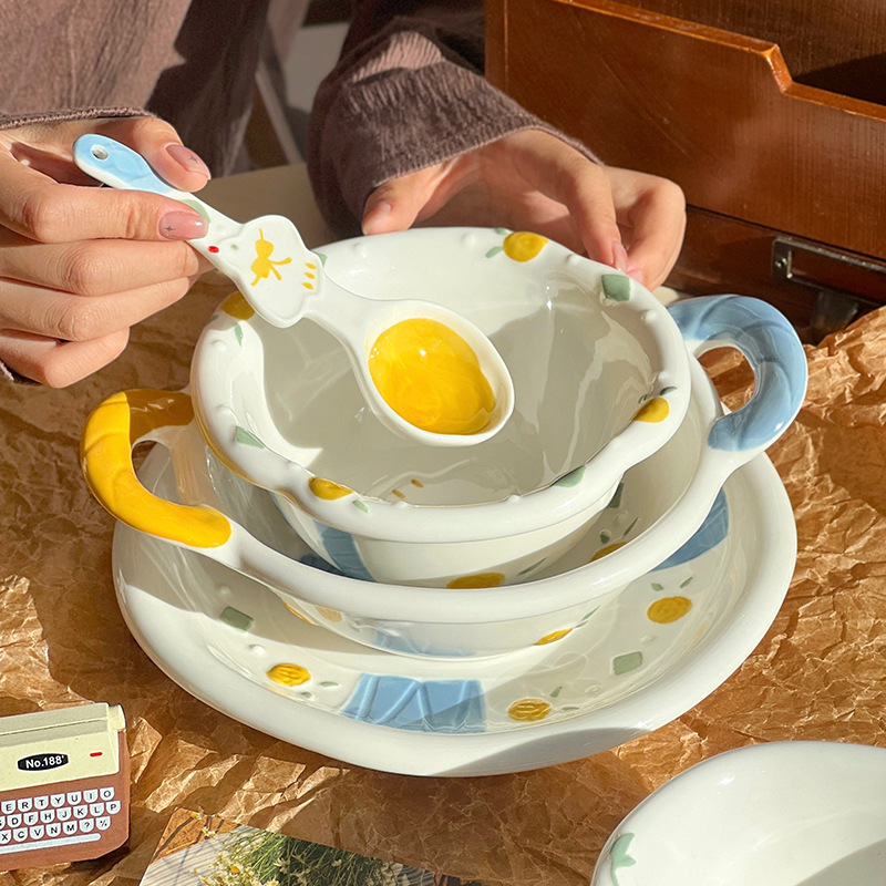 浮小飞鸽餐具小碗家用可爱陶瓷盘子儿童饭碗创意高颜值双耳珩铭|undefined