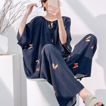 夏季凉感棉绸睡衣女2026藏青蝴蝶印花宽松阔腿裤大码家居服两件套