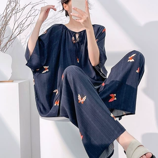 夏季凉感棉绸睡衣女2026藏青蝴蝶印花宽松阔腿裤大码家居服两件套