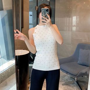 Heavy industry diamond plaid stitched diamond knitted vest 2021 spring new style shiny rhinestone bottoming top sexy off-shoulder