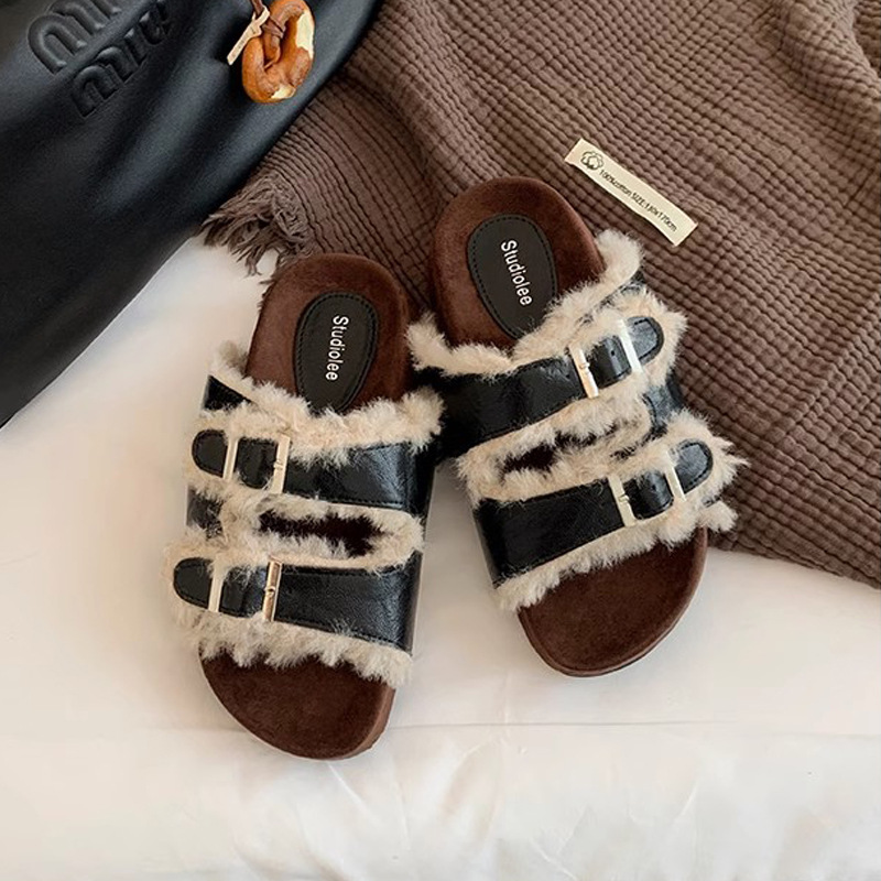 Madre de uva ~ doble botón con una parte inferior gruesa perezosa de dedos de pelo abiertos zapatillas de invierno para mujeres