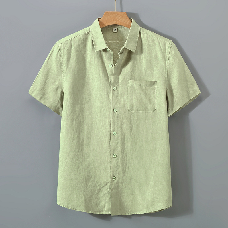 923 無地リネンシャツメンズ半袖夏の基本通気性薄いリネン服中国風のレトロカジュアル|undefined