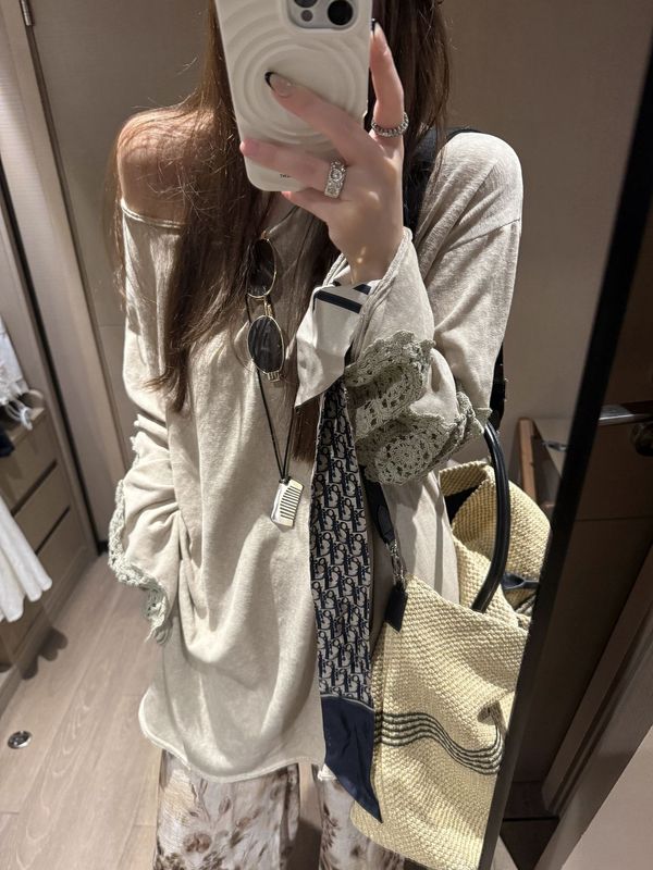 女性用の古いカールオフショルダー長袖Tシャツ、かぎ針編み刺繍、中空ステッチ、レイジープルオーバートップ|undefined