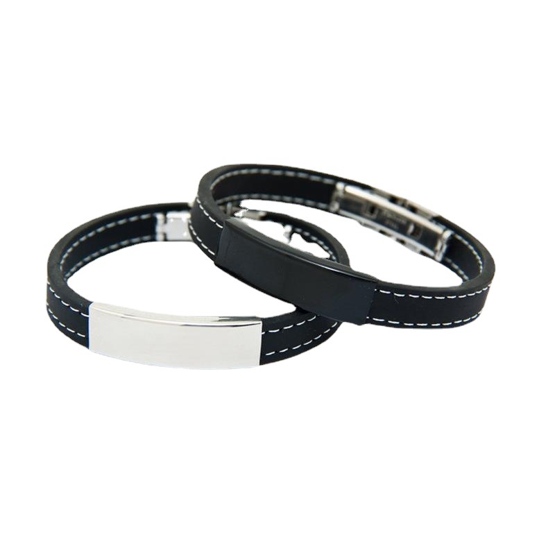Pulsera de silicona de acero inoxidable de comercio exterior con letras pulseras simples para hombres y mujeres, hebilla de mariposa de cara negra ajustable, joyería pequeña