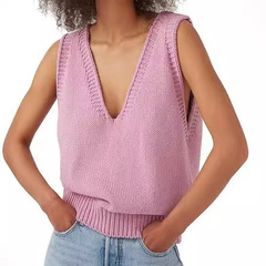 亞馬遜品質歐美女士針織背心無袖V領純色性感毛線馬甲毛衣女
