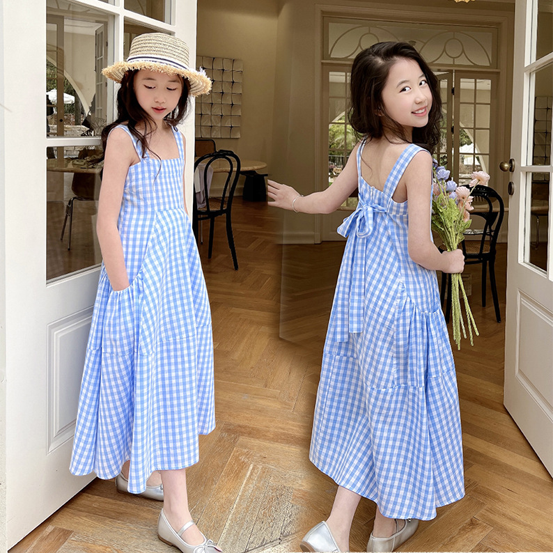 Girls Suspender Skirt Summer Dress 2025 New Style Sweet Summer Large Swing Skirt Medium and Large Children's Holiday Plaid Beach Skirt