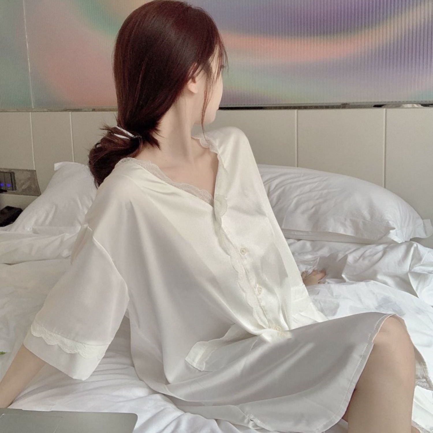 (2개) 나이트 드레스 여성 2023 새로운 잠옷 여름 느슨한 얇은 흰색 셔츠 레이스 여름 홈 옷