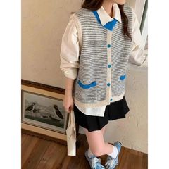 韩系撞色条纹无袖针织马甲背心女开衫宽松2025秋季减龄坎肩上衣短