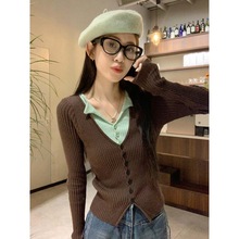 设计感假两件撞色长袖针织衫女冬季辣妹修身小众上衣复古打底衫上