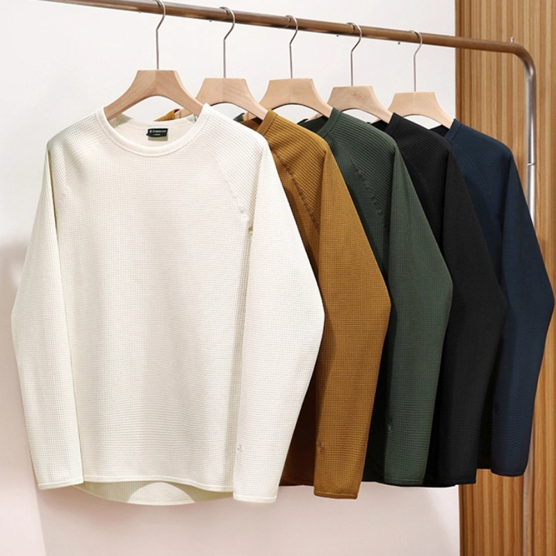 Yishu Heavyweight Lightweight New Waffle Sweat-Absorbent Quick-Drying Elastic Breathable Men's Autumn and Winter Long-Sleeved T-Shirt Sweatshirt Trendy