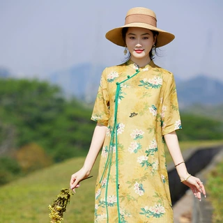 2023夏季新款改良旗袍领碎花裙显瘦a字大码女装苎麻连衣裙女