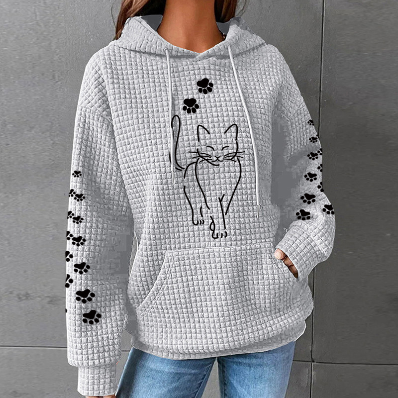 2023 Otoño e Invierno ropa de mujer nueva waffle con capucha de manga larga letra impresa suéter suelto europeo y americano transfronterizo tamaño europeo