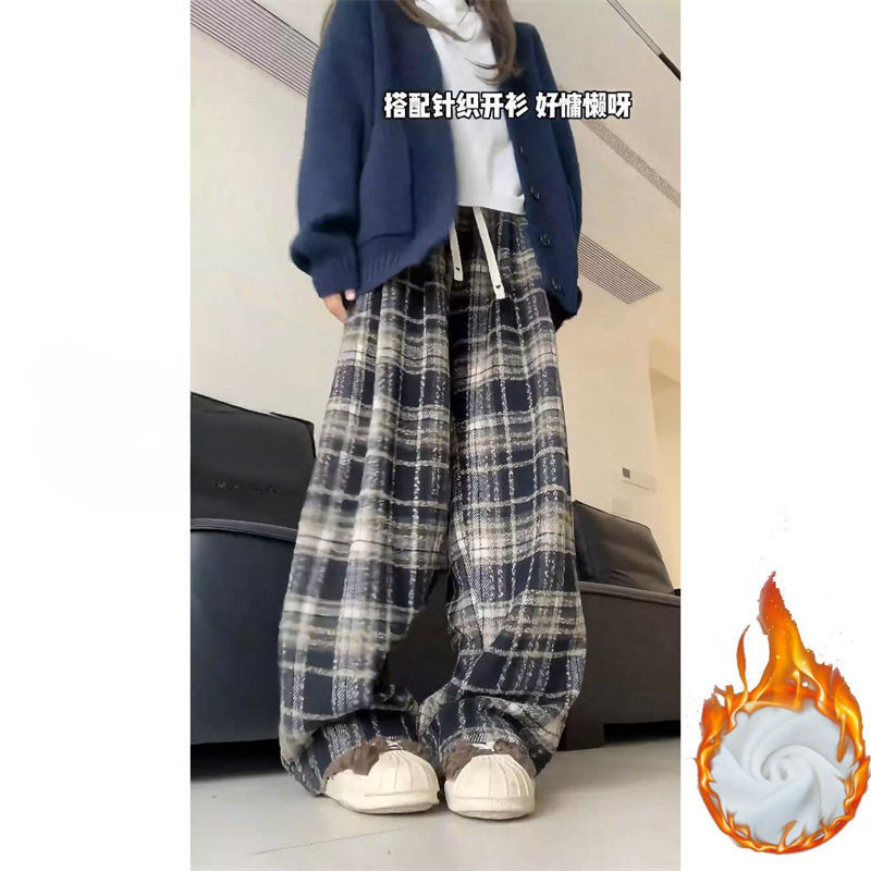 Women's Autumn and Winter Thickened High Waist Retro Casual Pants with Plush Plaid Pants, Straight Tube Floor Slimming Narrow Edition Wide Leg Pants