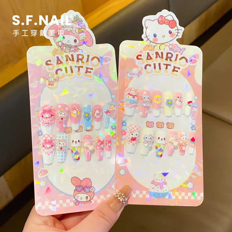 Kuromi Children's Long Detachable Handmade Nail Stickers for Girls, Cartoon Nail Stickers, Little Princess Stickers