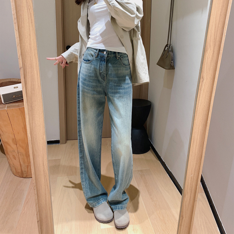 春不晚 私服蓝牛！早秋复古石洗手工猫须直筒裤微锥十分牛仔裤女|undefined