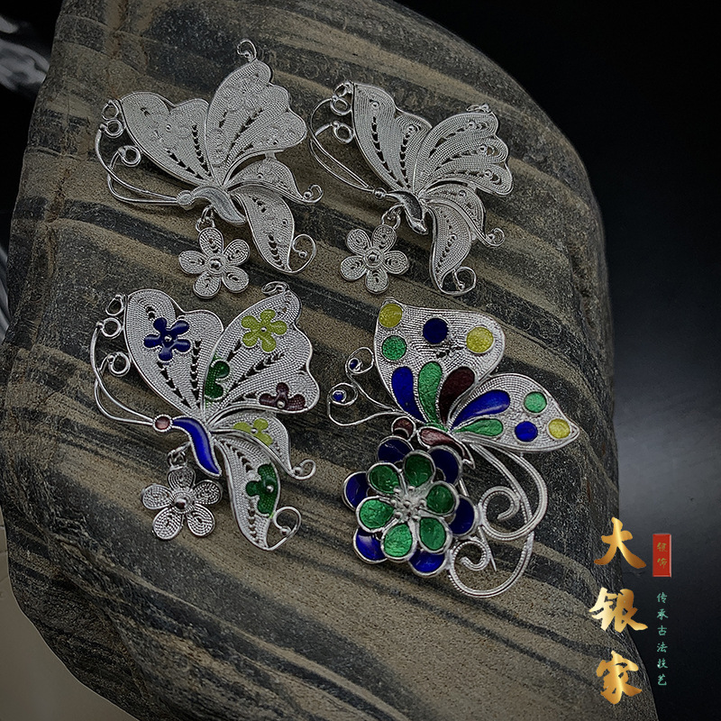 Wholesale Ethnic Style Filigree Enamel Butterfly Floral Sterling Silver Brooch for Women