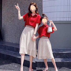 大红色网红亲子装连衣裙套装2025夏装新款母女装洋气时尚两件套潮