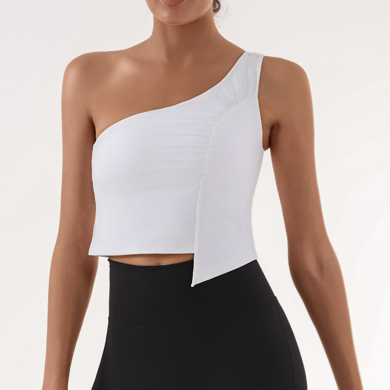 Cross-border deportivo chaleco de acondicionamiento físico mujer irregular hombro plegado con cojín de pecho alta velocidad elástica chaqueta de entrenamiento de yoga seco