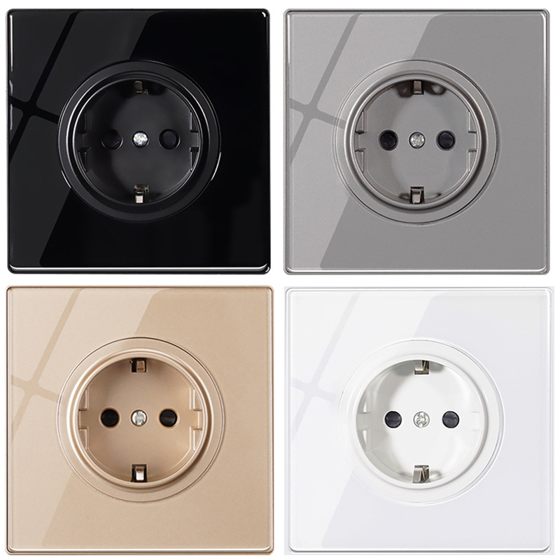 86型钢化玻璃欧标德式俄式法规插座16A二圆孔墙壁电源灰色面板