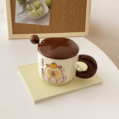 Mug with Lid and Spoon, Kapibara Cup, Ceramic Maillard, Girl's Office Water Cup, Children's Breakfast Cup, Male