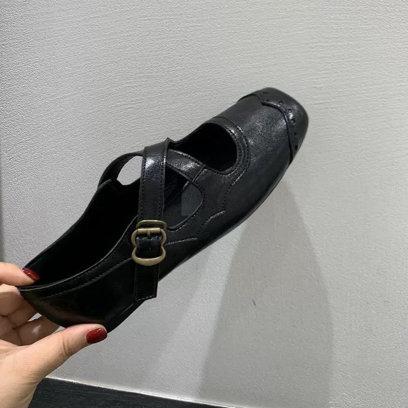 韩版法式小众平底交叉玛丽珍鞋女鞋子25早秋款复古棕色方头芭蕾舞|undefined